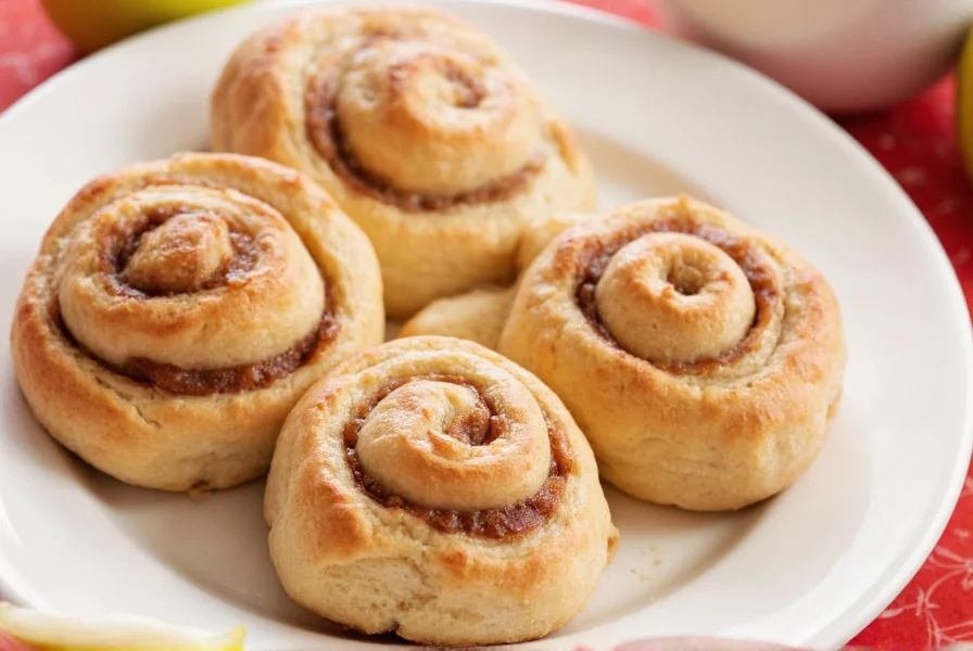 Apple cinnamon rolls served on a rustic wooden board with cream cheese frosting drizzled on top