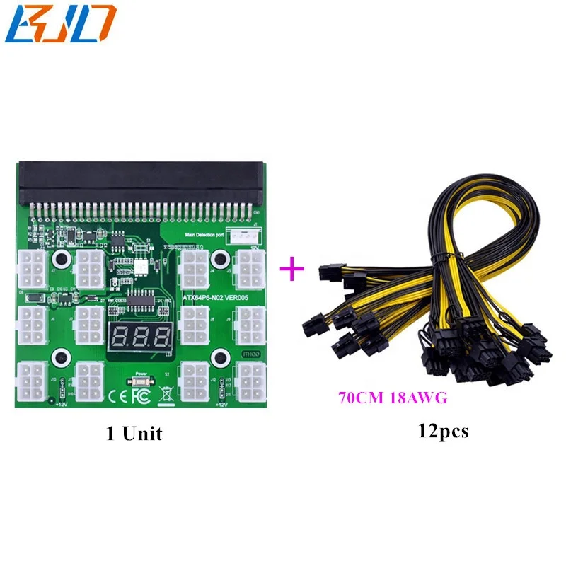 

12 Ports 12V PCI-E 6pin Power Supply Breakout Board with 12 * 6Pin to 8 (6+2) Pin power cable 70cm for 750W 1200W PSU GPU, Green
