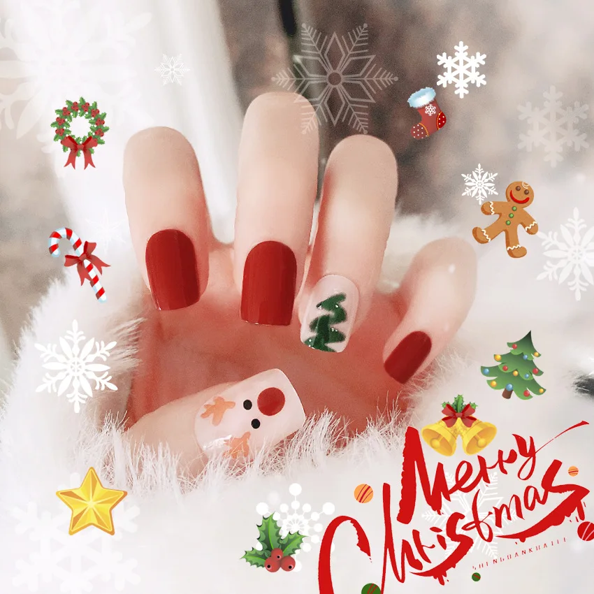 

24pcs Red False Nail Christmas Deer Print Short Square Nail Wearable Artificial Fingernails