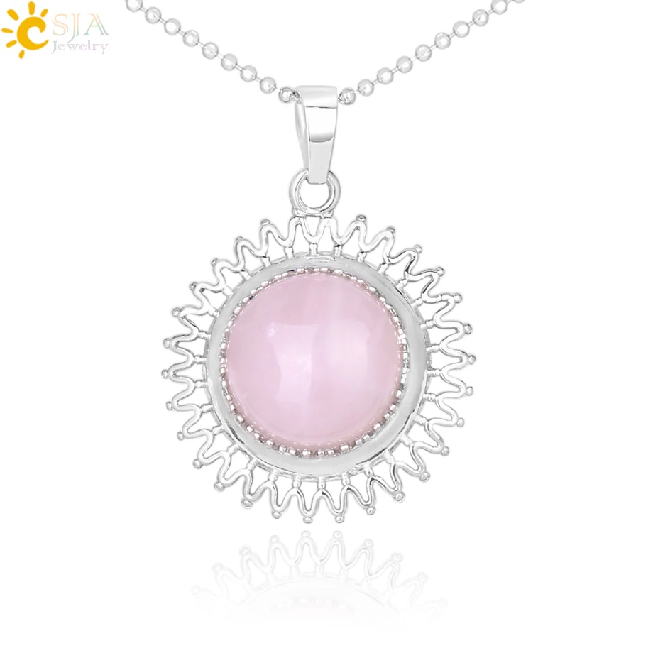 

CSJA round circle gemstone sunflower necklace natural amethyst crystals healing stones pendant necklace for men women F380