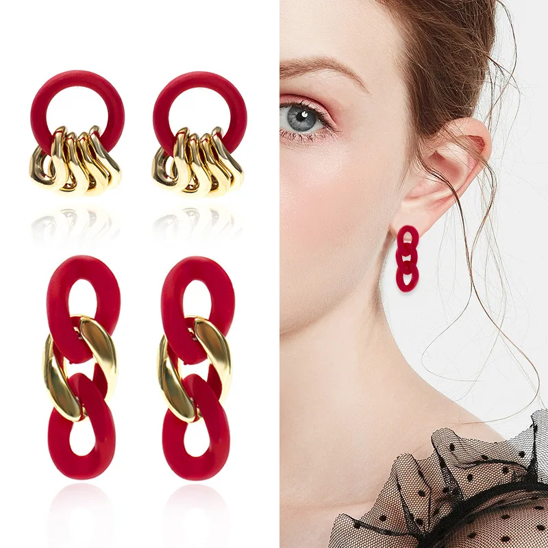 

Hot selling red series frosted matte chain multi-style 925 silver needle earrings