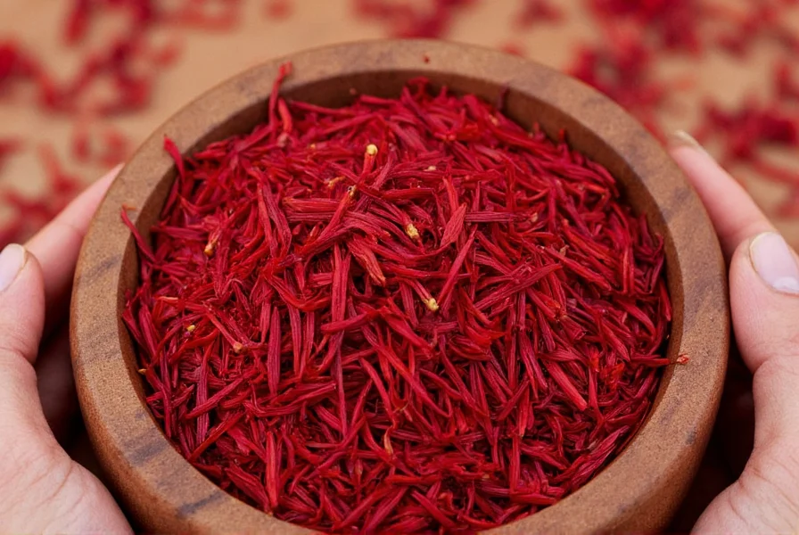 Traditional Persian saffron threads displayed against a golden background with measuring spoons
