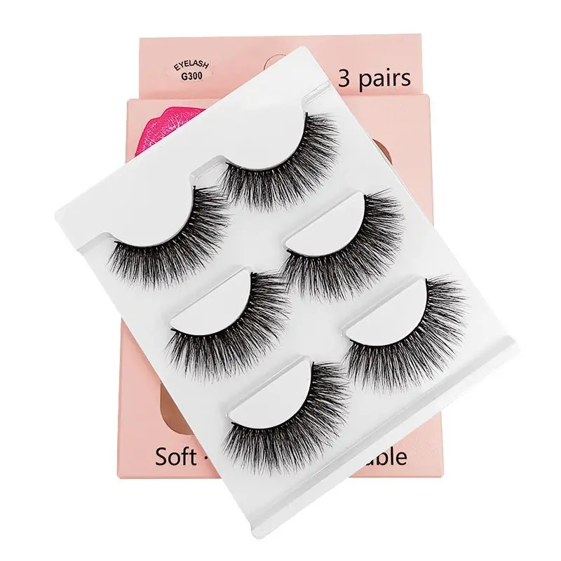 

3D 3 Pairs Full Strip Thick Faux Mink full Eyelashes Set Vendor Makeup Hand-made Lashes With Tweezers, Natural black