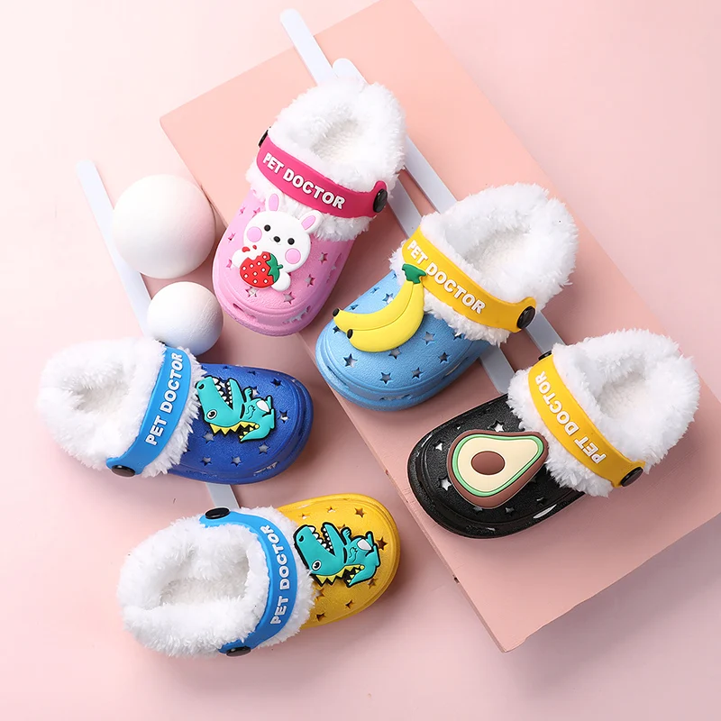 
Factory price RTS fashion design kids hole shoes winter warm plus velvet pvc cute animal children slippers garden shoes 