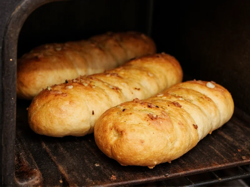 Homemade garlic bread baking in oven with golden crust