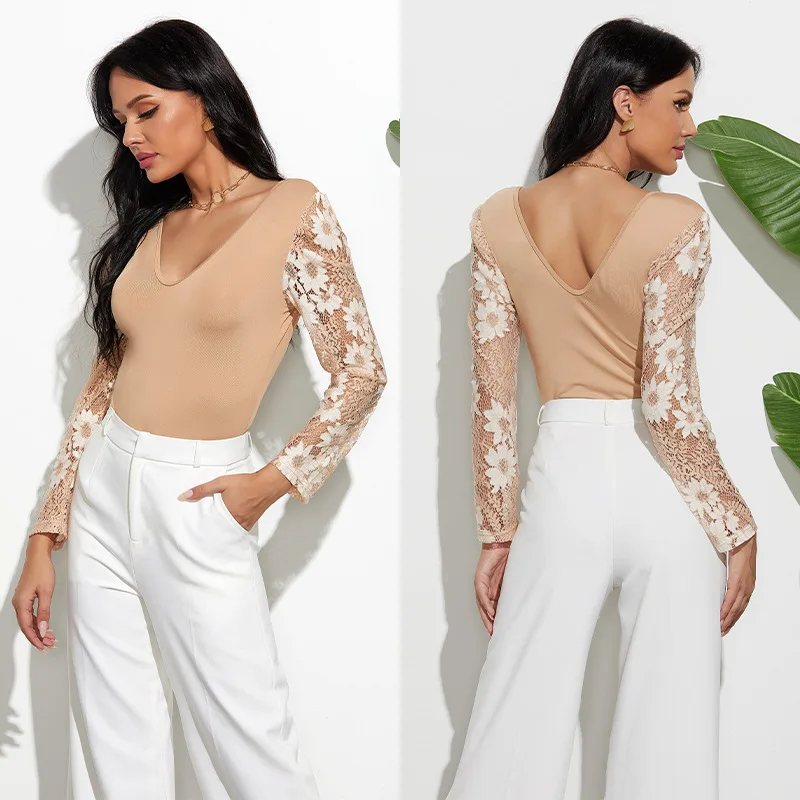 

Womens Long Sleeve Xl Bodycon V-Neck Lingerie Lace Women'S Bodycon Bodysuit