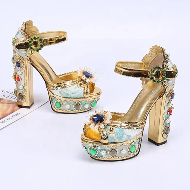 

Women Sandals Block Heels Sandals Ladies Diamante Crystal Jewel Shoes Genuine Leather Sandals Femme Luxury Designer Big Size, Gold