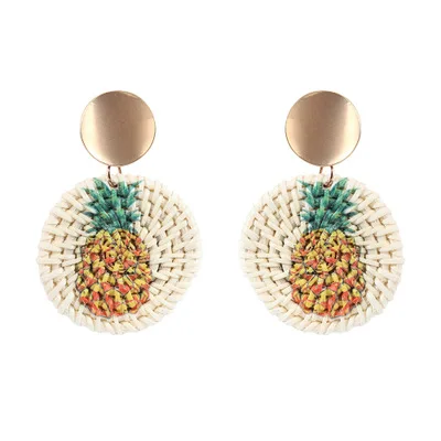 

Fashion Women Jewelry Handmade Rattan Woven Round Printed Flamingo Pineapple Cactus Stud Earrings for Girls, Picture