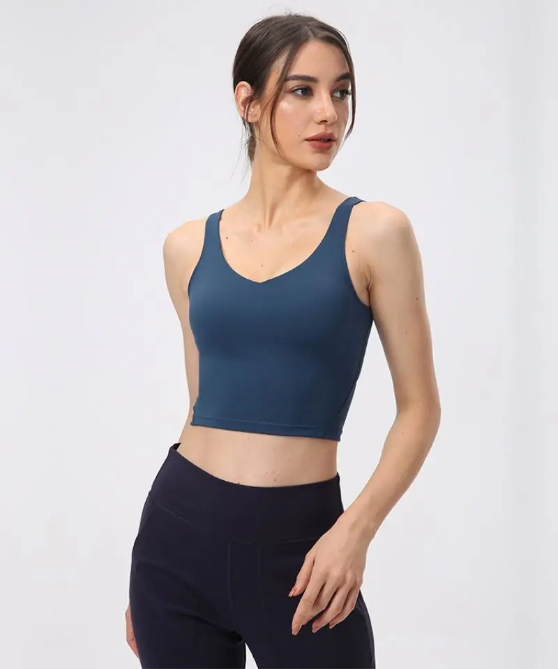 

Wholesale V Neck 2 in 1 Removable Padded Custom Logo Gym Fitness Crop Top Sport Bra