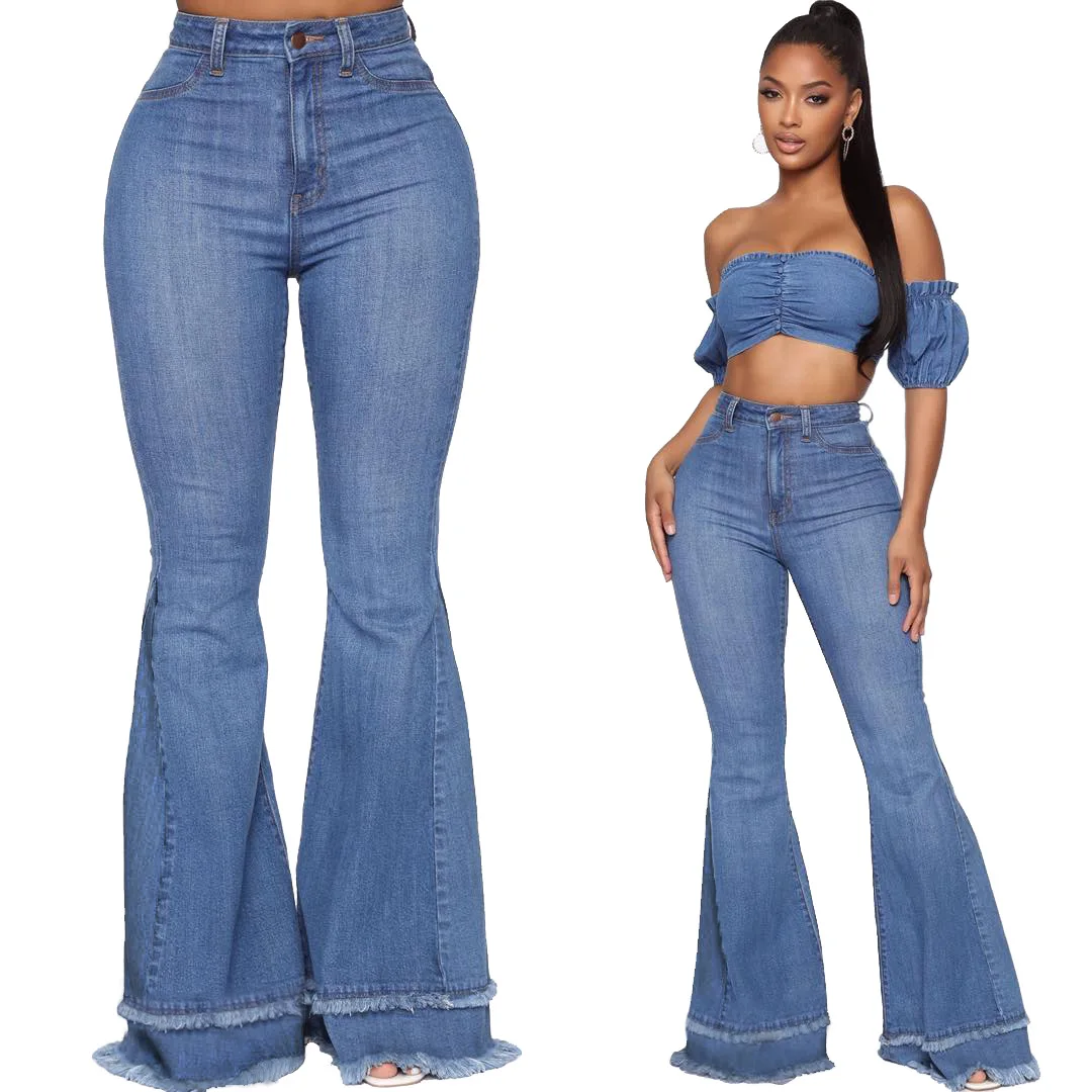 

Wholesale Fashion All Match Wide Leg Slim Fit Stretch Flared Pants High Waist Holes Trousers Denim Elasticity Women's Jeans, Shown