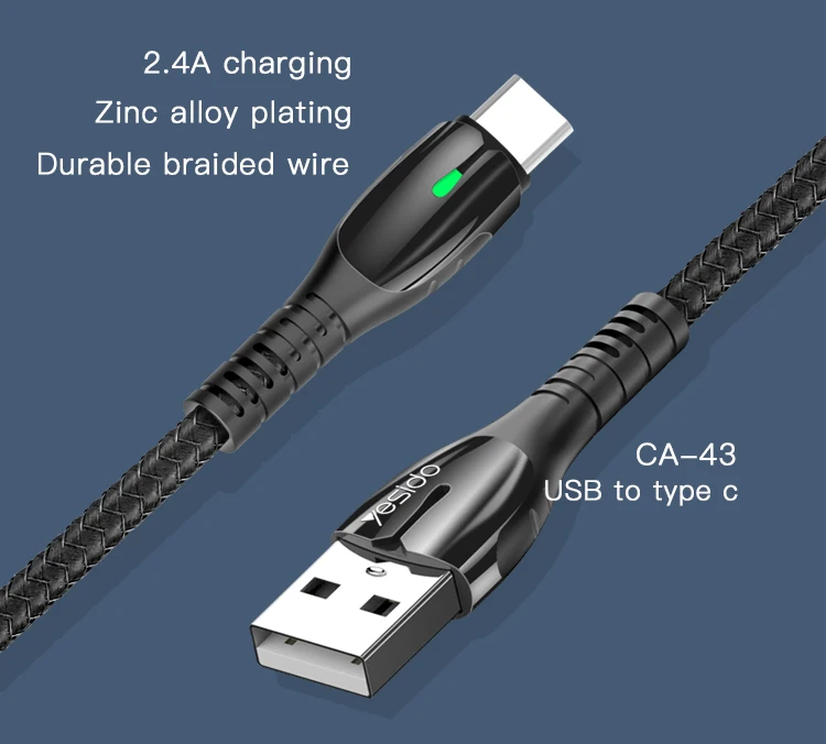 Yesido 2.4A Charging 8Pin Nylon Braided Zinc Alloy Plating Cable Line Mobile Phone Charger Data Usb Cable For Iphone