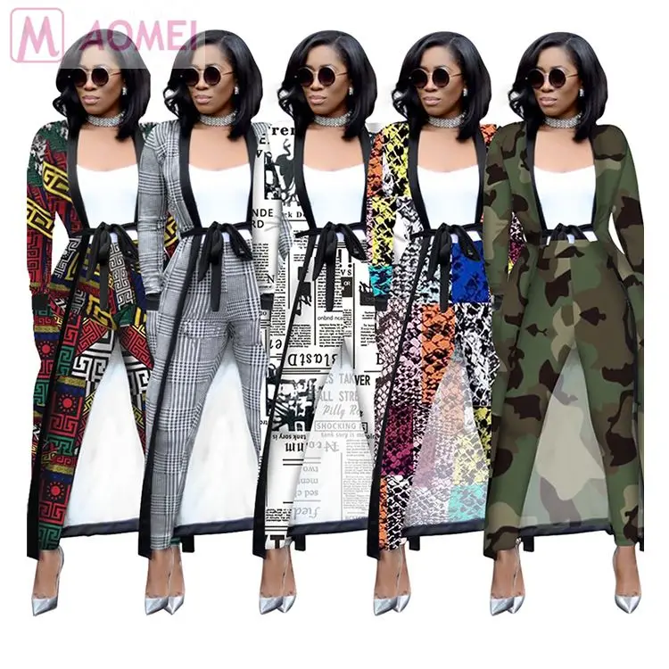 Q1083 lowest price pockets belt print long cardigan 2019 Pants 2 Piece Set Women Clothing