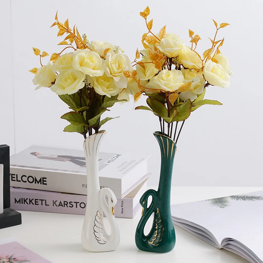 

Nordic Style Simple Light Luxury Gold Painted Swan And Lily Ceramic& Porcelain Vase For Table Desk Decor Vase Home Decor INS, As picture