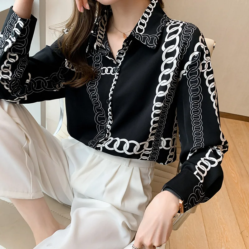 

French OL commuter chiffon long-sleeved shirt autumn 2021 new elegant silky slip chain printed long-sleeved blouse
