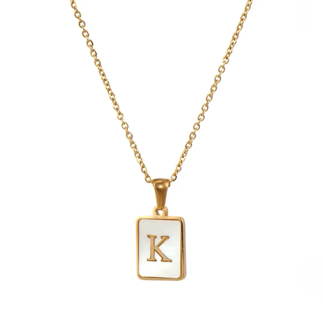 

2021 Fashion 18K Gold A-Z Initial Letter Pendant Necklace Jewelry White Rectangular Shell Stainless Steel Necklace
