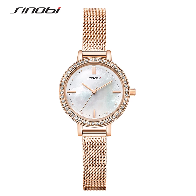

SINOBI Fashion Rosegold Mesh Band Women Watch Elegant Pearl Shell Dial Ladies Quartz Watchs Wrist Watch For Female Reloj #S9810L