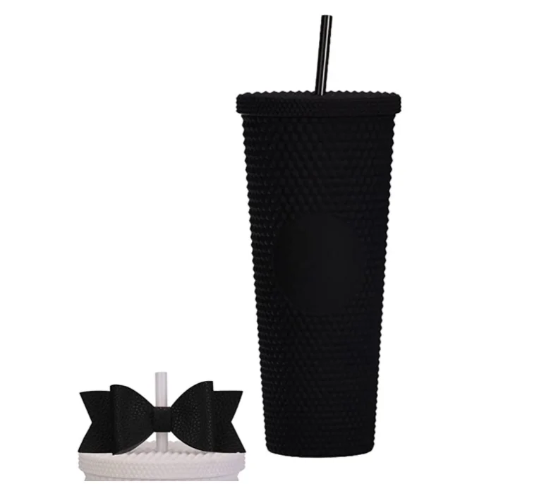 

Amazon Glow in dark Halloween Matte black 24oz Double Wall plastic reusable skinny acrylic studded tumbler with straw and lid