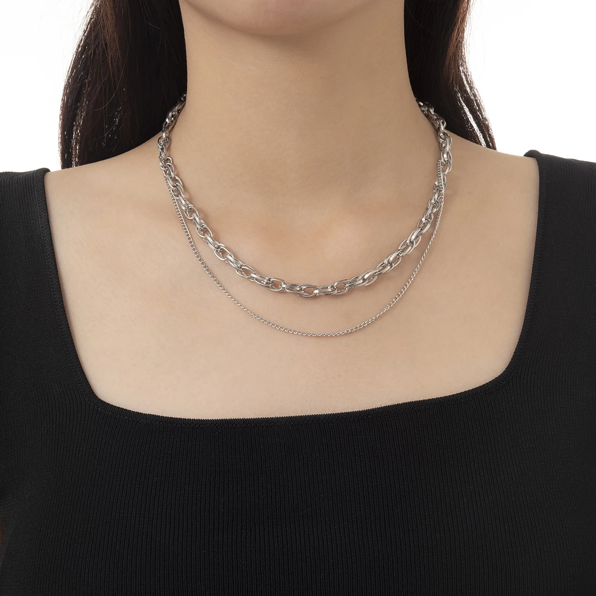 

SHIXIN Wholesale Metal Necklace Two Layer Silver Link Chain Necklace Vintage Jewelry Necklace for Men Women