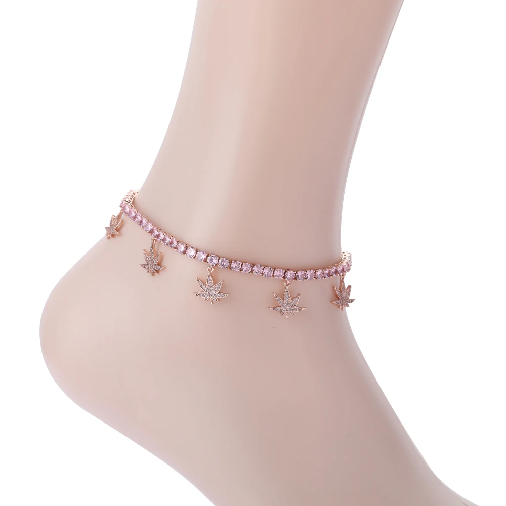 

A007 4mm Brass CZ Tennis Anklet with 5 leaf charms with extender chain Iced Out Cubic Zircon Bling Bling for women