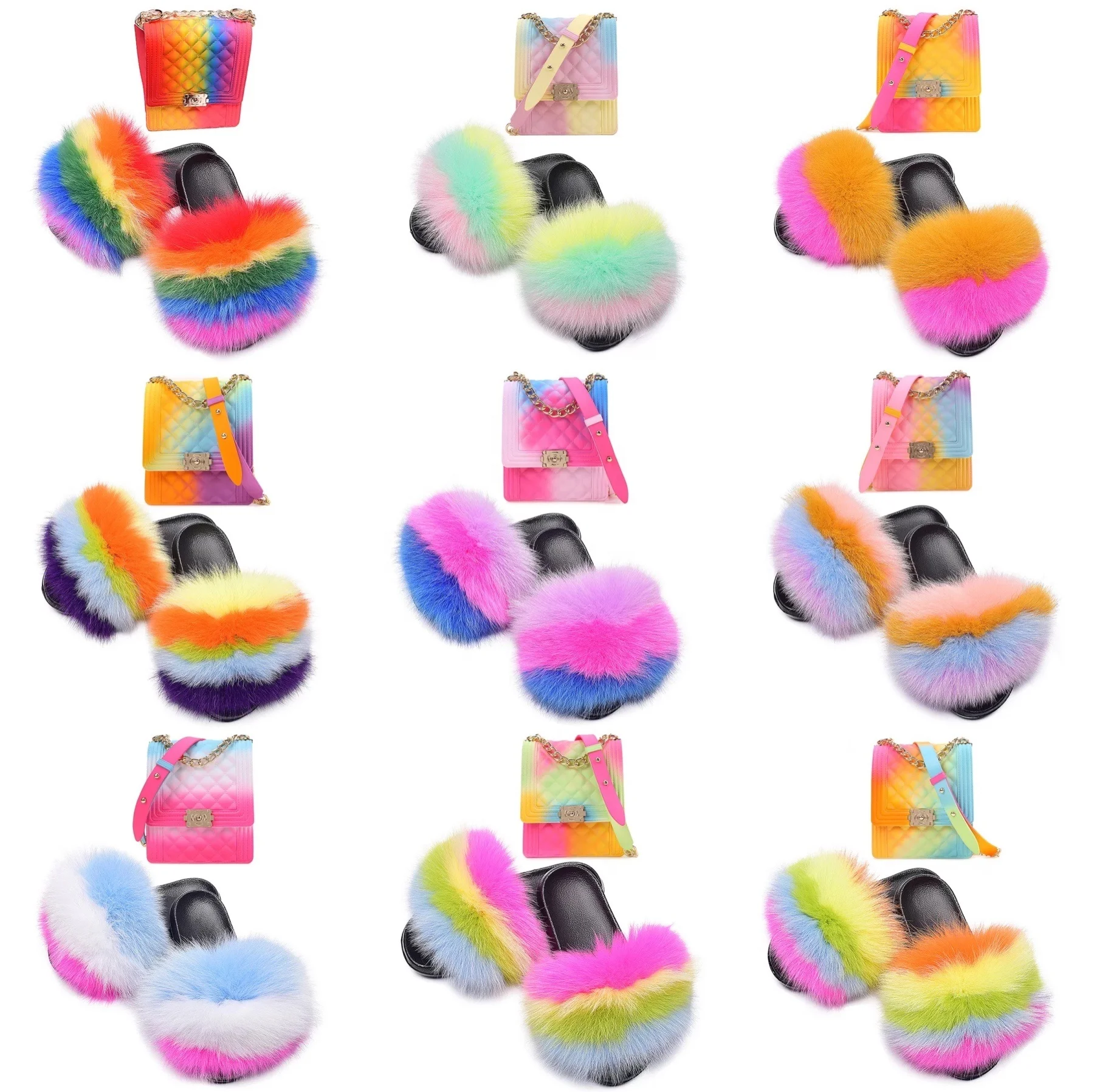 

2021 wholesale cute jelly purses and bags fox fur sandals slides matching shoes purses and handbags 2 pieces sets for women