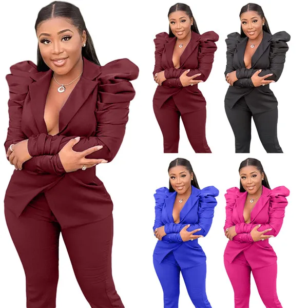 

2021 solid color long sleeve Two-piece Puff Sleeve Fashion Suit two piece pants set suit