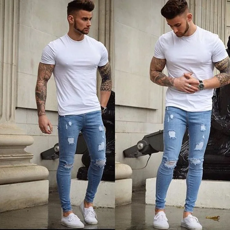 

APOLLO Wholesale Cheap Price Slim Fit Pencil Pants Hole Elastic Tight Skinny Denim Men's Jeans