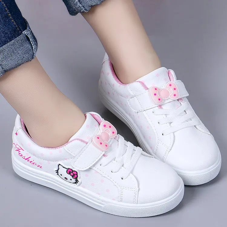 
white pink hello-kitty cat kids sweet cute school sport leather footwear student girl casual children sneaker shoes 