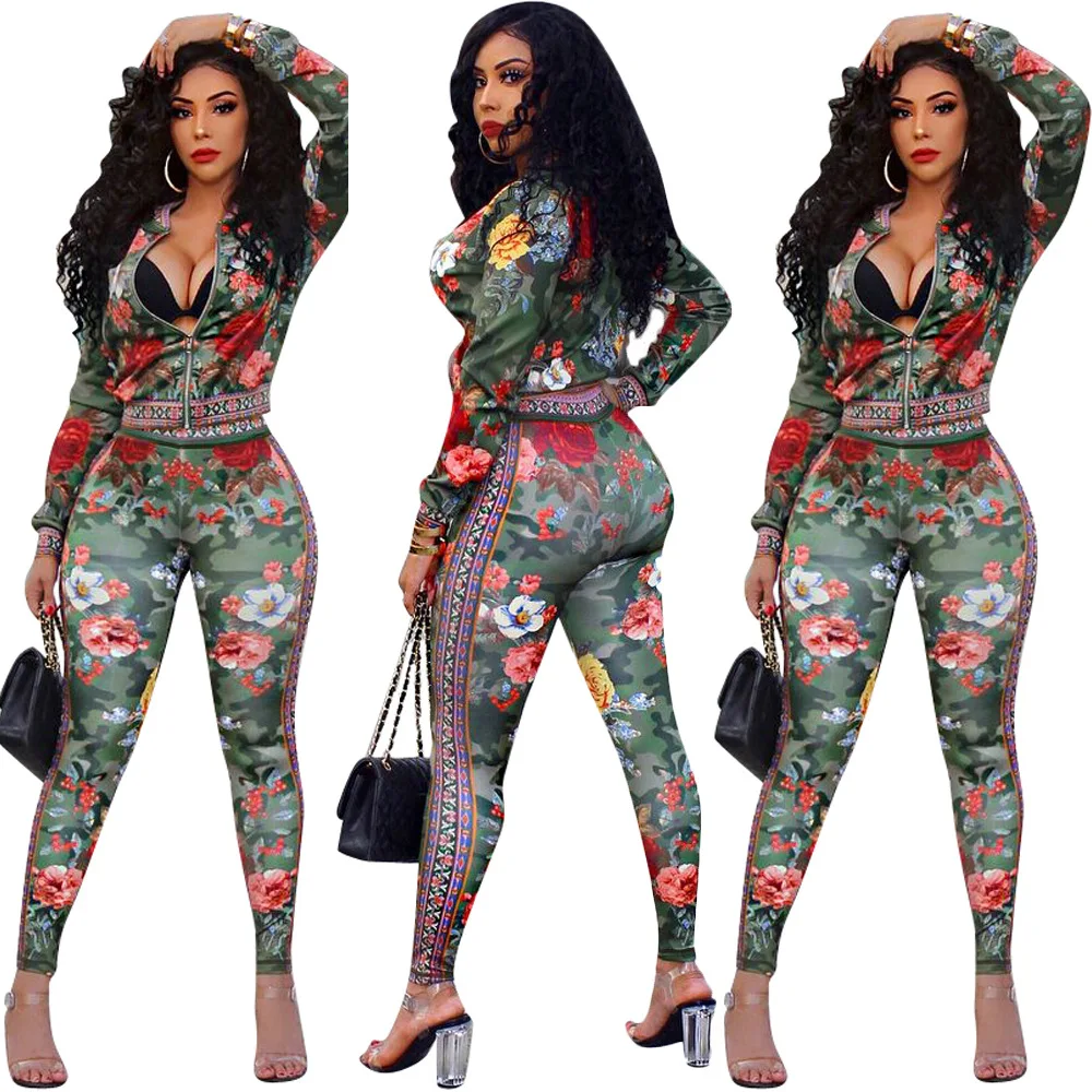 

wholesale hot sales Embroidered Floral print woman sport jumpsuit two piece set 1004