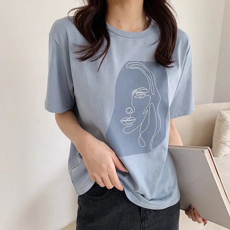 

Abstract printed T-shirt female short sleeve summer new women's Korean round neck top