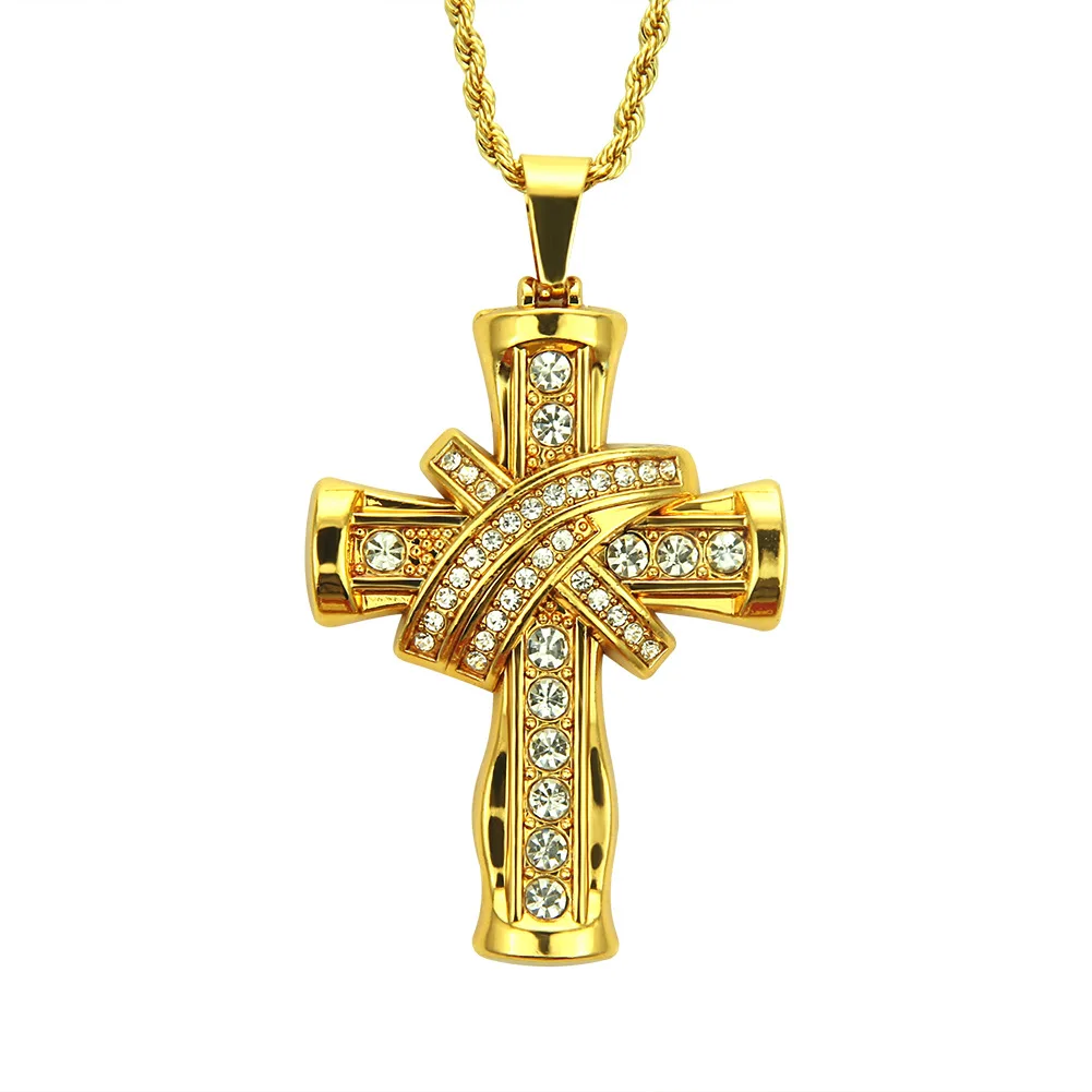 

NAM0031 Religious Crucifix Design Zinc Alloy Christian Necklace Luxury Crystal Diamond Gold Cross Necklace For Men Women