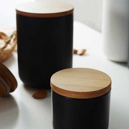 

Ceramic Food Storage Jar Canister Modern Design Food Canisters with Airtight Seal Bamboo Lid, Black,white