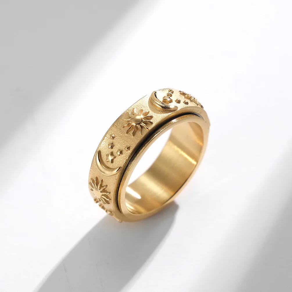 

Wholesale Vintage Bohemian 18K Gold Plated Stainless Steel Star Moon Rotatable Anxiety Rings YF2244