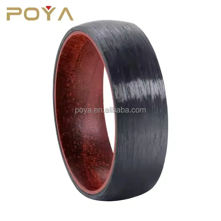 POYA 8mm Dome Black Carbon Fiber Ring Solid Wooden Insert Comfort Fit Classic Style Tungsten Jewelry Wedding Engagement Gift