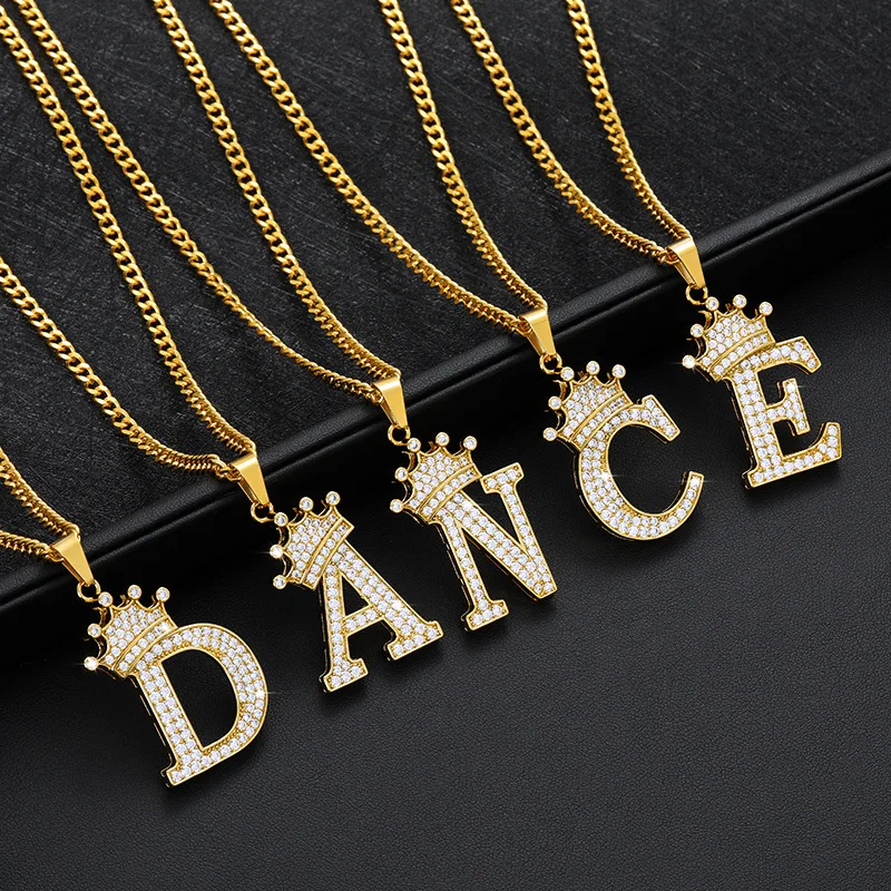 

Hip Hop Gold Plated Alphabet Initial Necklace Stainless Steel Crystal Crown Letters Pendant Necklace