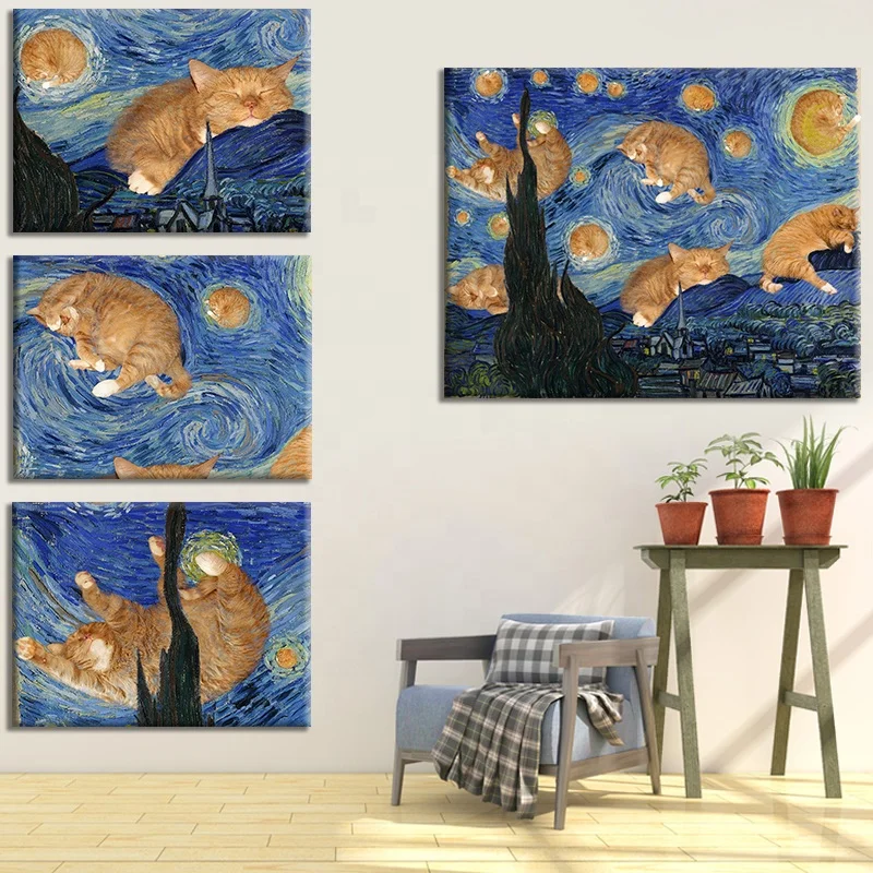 

HD Cat Poster Wall Paintings Animal Picture Printed on Canvas Blue Starry Sky Poater Baby Girl Nursery Wall Art Bedroom Decor, Multiple colours