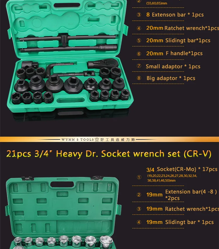 High Grade 26pcs 3/4" drive wheel repairing air impact socket ratchet wrench set for automobile machinery repairs