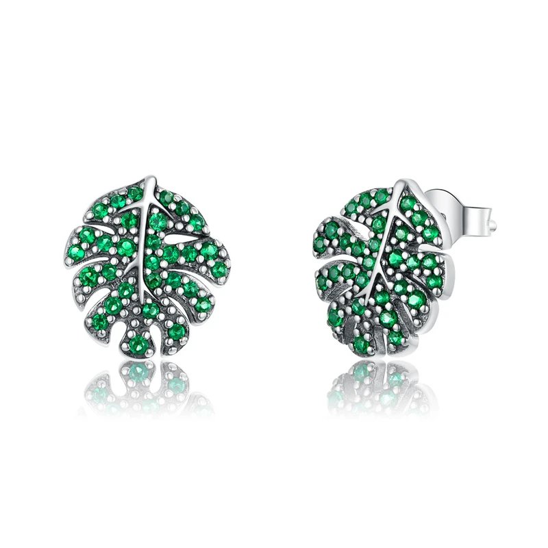 

925 Sterling Silver Green CZ Leaf Monstera Stud Earrings
