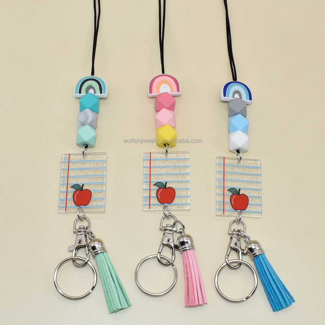 

Silicone Rainbow Beads Notebook Monogram Design Lanyards Keychain Back to School Gifts For Teacher