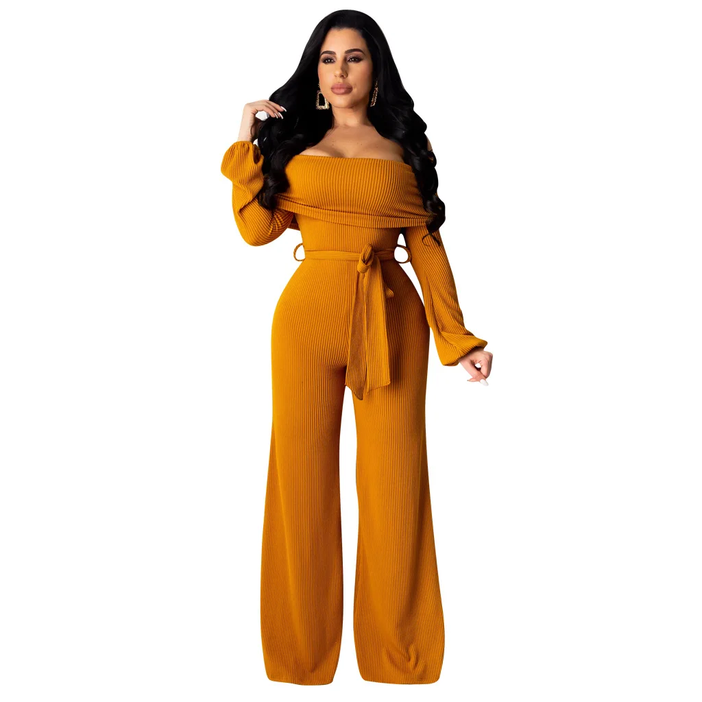 

wholesale fashion rib off shoulder long sleeve wide leg women 2020 casual jumpsuits and rompers, Black, turmeric, dark green, wine red