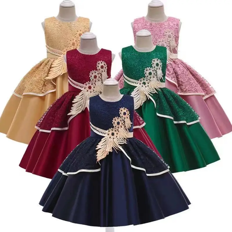 

Girls' dress forged cloth embroidered dress catwalk performance children's Princess Dress, Pink, blue, wine red, champagne,green