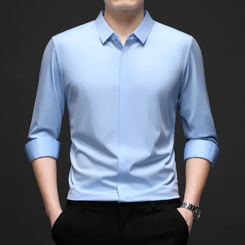 RNSHANGER New Men's Business Casual Long Sleeved Solid Shirt Casual Wrinkle Resistant Button Invisible Comfortable Male Shirts