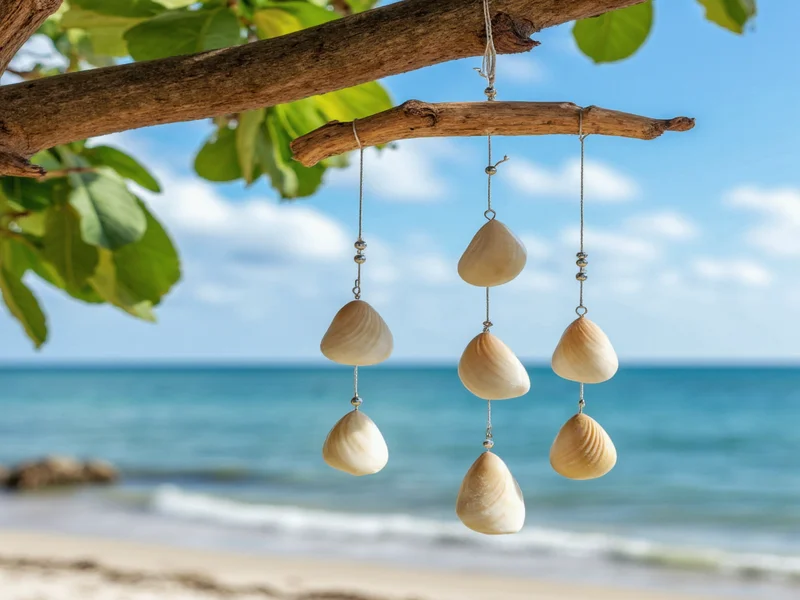 Handmade shell wind chime hanging from driftwood branch