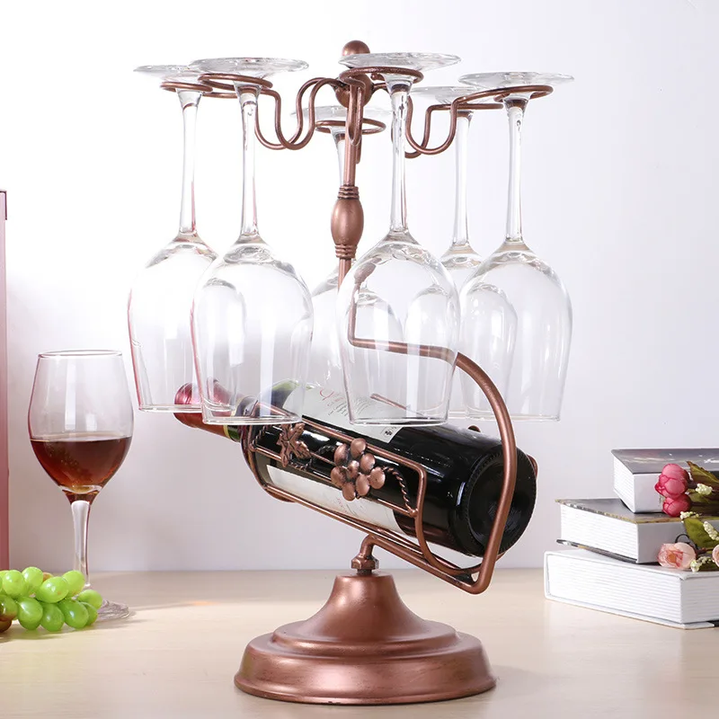 

Countertop Wine Glasses Holder Rack Good Quality Wine Bottle Display Standsfor Storaging 6 Stemware and 1 Bottle