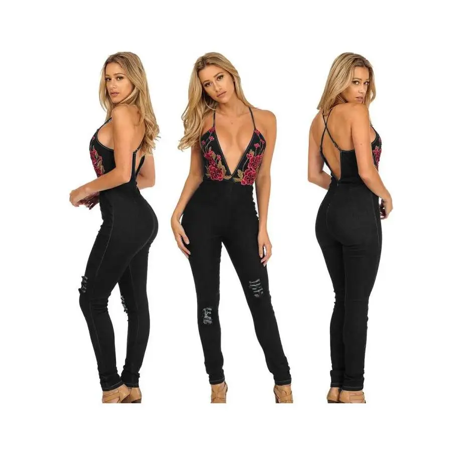 

Women Sexy Club Deep V Neck Denim Jumpsuit Street Skinny Spaghetti Strap Jumpsuits Rose Embroidered Pants