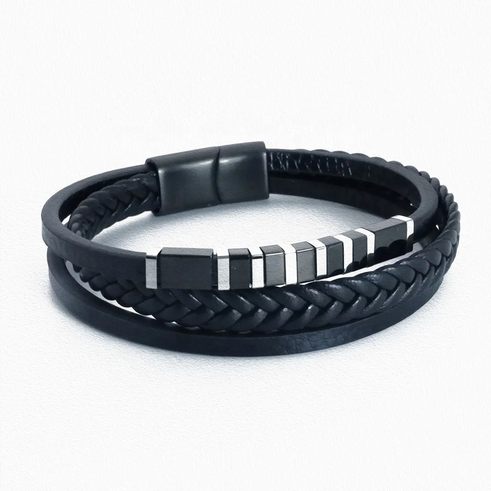 

VEROMCA 2020 Latest Men's Three Layer Leather Bracelet Stainless Steel Magnetic Buckle Woven Bracelet