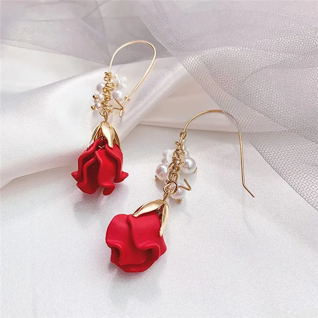

Romantic Valentine's Gifts Pearl Red Resin Rose Petal Flower Drop Dangle Earrings