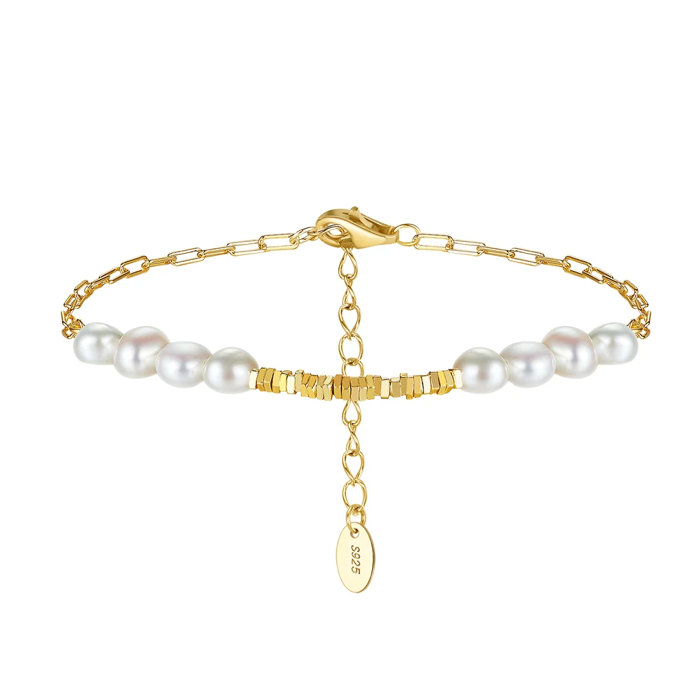 BGPB37 RINNTIN Gold Tiny Pearl Bracelet 14K Gold Plated Joyas En Plata 925 Freshwater Cultured Pearls Bracelets for Women