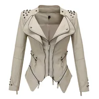 

Fashion Women washed pu jacket rivet short double zipper leather jacket