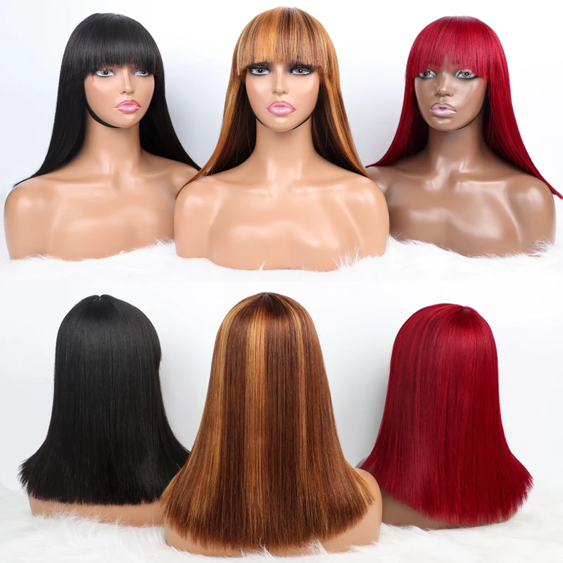 

Wholesale Machine Made 14 inches Super Soft Straight Natural Color Wigs Human Hair with Bang Fringe Wigs for Black Women