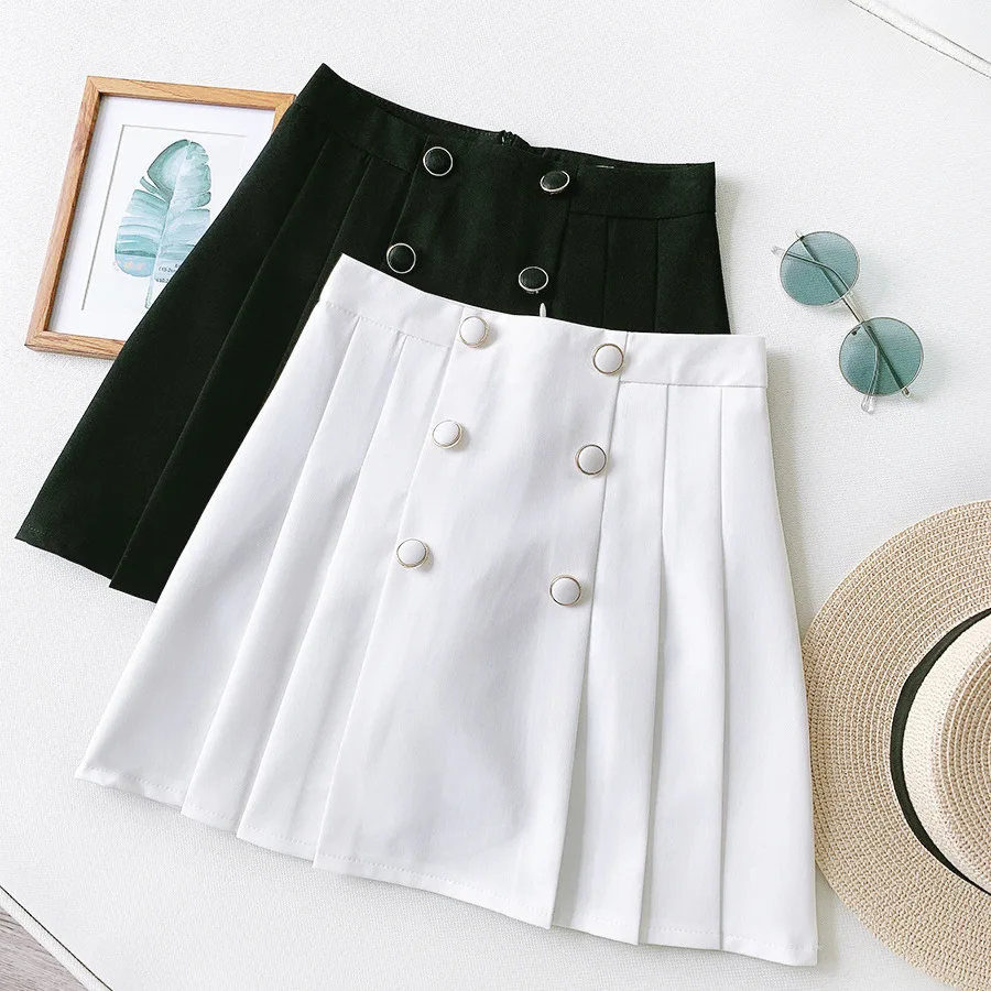 

B54512A England style double-breasted women fashion A-line pleated short skirt